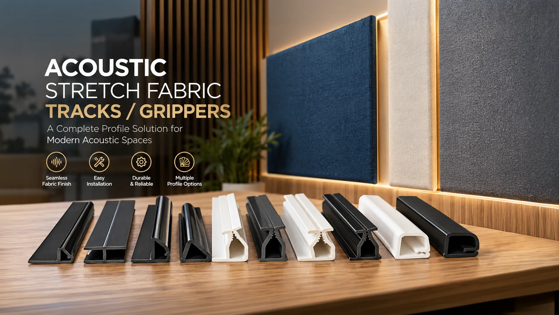 Acoustrack — stretch-fabric gripper and track profiles, with finished acoustic wall panels